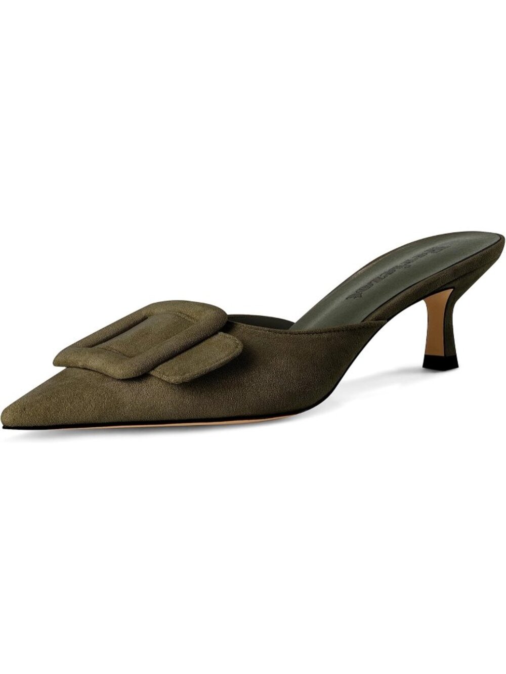 Women's Dark Green Slingback Buckle Pumps Kitten Heels Pointed Toe Slide Sandals